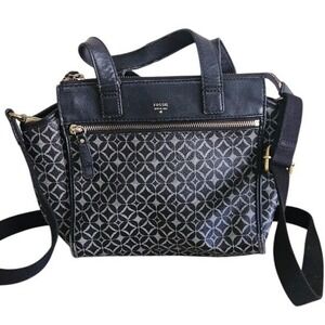 Fossil Tessa Shoulder Bag Satchel Black Gray Geometric Print Leather Straps